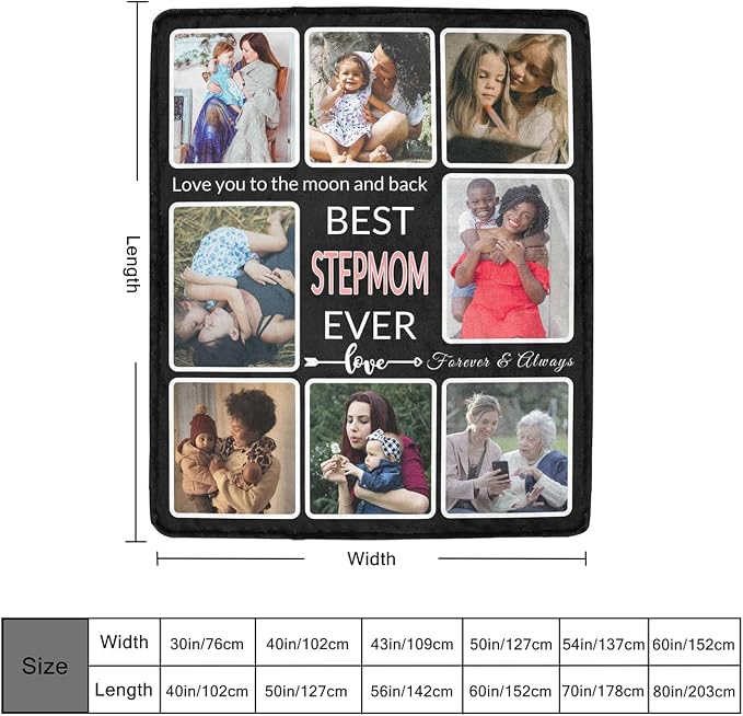 Gift for Stepmom Custom Blanket with Photo, Make a Personalized Family Blankets with Picture Customized Memories Souvenir Throws for Best Stepmom Ever, 8 Collage Made in USA