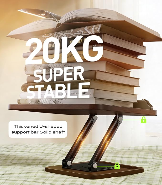 LOXP Ergonomic Book Stand for Reading, 360° Rotating Holder with Page Clip | Adjustable height angle, Storage Base, Hands-free, anti-slip, Fits tablets cookbooks magazines laptops, wood and metal
