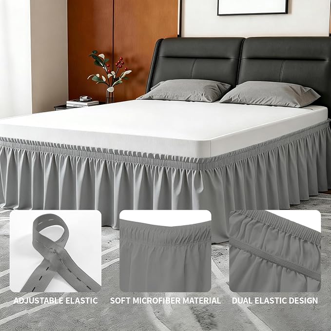 ANARACHON Full Bed Skirt, Elastic Wrap Around Bed Skirt Full Size, Bed Skirts for Adjustable Bed, Easy Fit with 14" Drop Length Tailored Drop Dust Ruffle (Grey)