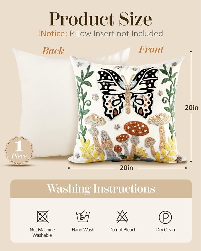 Embroidered Throw Pillow Cover - 20x20 Decorative Pillow Cover with Zipper Aesthetic Cute Design Boho Spring Summer Throw Pillowcase for Living Room Couch Sofa Bed, Butterfly Moon