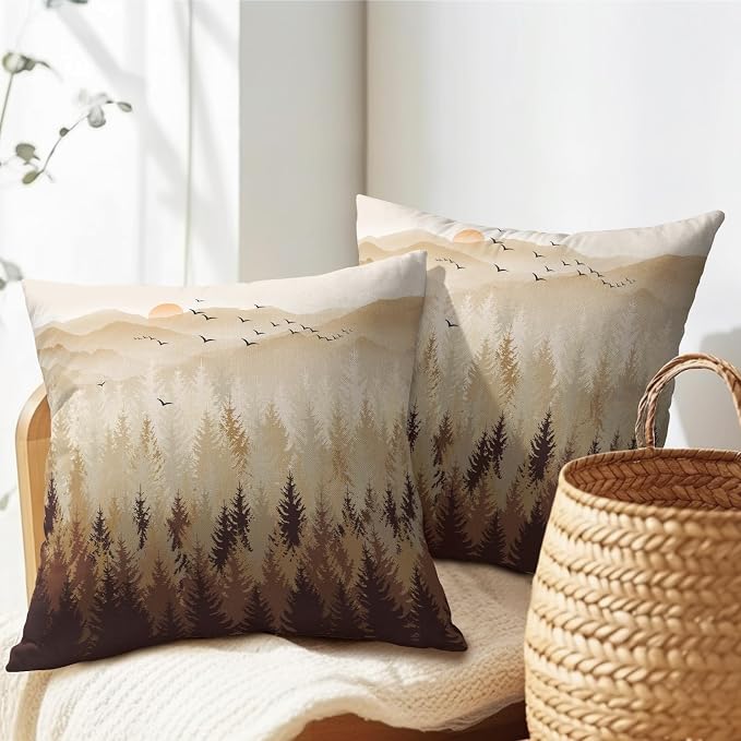 Fall Misty Forest Throw Pillow Covers 16x16 Inch Set of 2 Brown Mountain Woodland Decorative Pillow Cases Nature Pine Trees Farmhouse Cotton Linen Square Cushion Cover for Home Sofa Couch Bed Patio