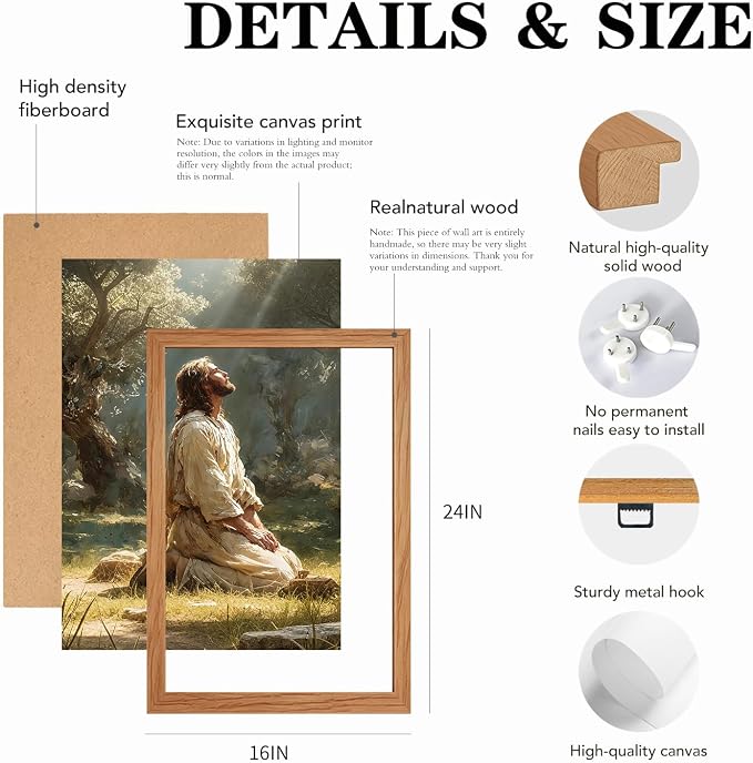 AUUAUU Jesus Praying in Gethsemane Wall Art, Wood Framed Religious Canvas Painting, Vintage Christian Wall Decor for Living Room Bedroom, 16x24 Inches Ready to Hang