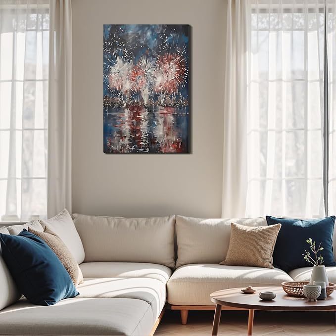 Framed 4th of July Fireworks Cityscape Wall Art, Patriotic Abstract Canvas Art Pictures, USA Independence Day Wall Decor, Made in USA Ready to Hang for Living Room Bar