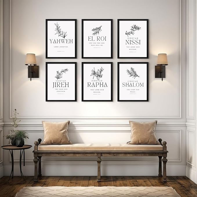 Christian Hebrew Names of God Wall Art Bible Verse Scripture Canvas Wall Decor Art Minimalist Jesus Pictures Modern Christian Poster Artwork Bible Verse Prints for Room 8x10 Inch Framed Set of 6
