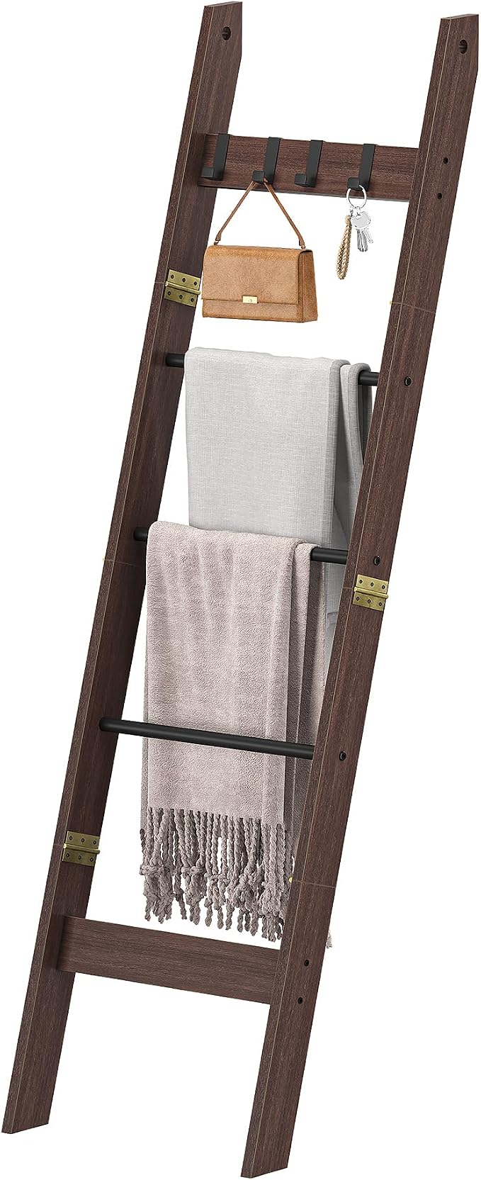 Hzuaneri Blanket Ladder Decorative Quilt Rack with 4 Removable Hooks | 5-Tier Farmhouse Ladder Holder Shelf Organizer for Living Room Bedroom, Black Tea Brown and Black BR02120B