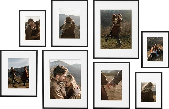 eletecpro Aluminum Gallery Wall Frame Set of 8 with Glass Cover, Black | Including 2Pcs 11x14, 3Pcs 8x10, 3Pcs 6x8 Photo Frames, Multiple Sizes Picture Frames Collage Wall Decor or Tabletop Display