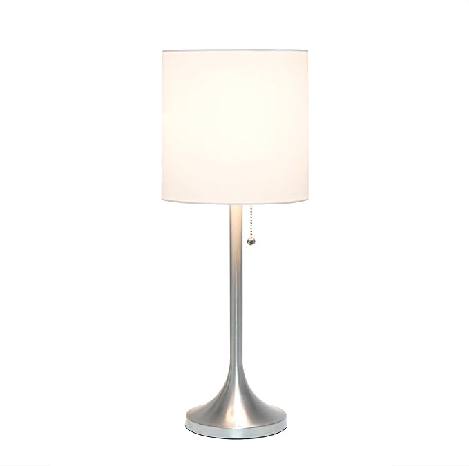 Simple Designs LT1076-BNW Tapered Fabric Drum Shade Table Lamp, Brushed Nickel and White