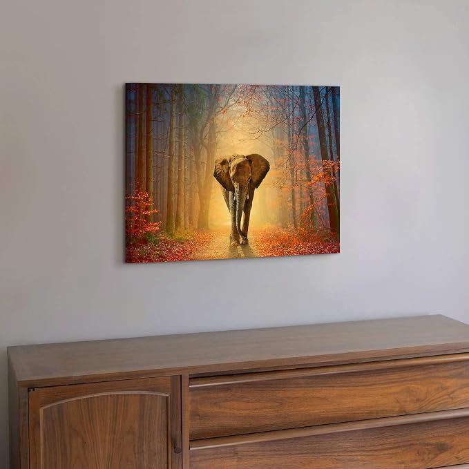 Elephant African Autumn Canvas Painting - Wildlife Animal Wall Art, Natural Artwork Perfect for Bedroom Decor Wall Picture - 16x12 Inches