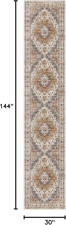 Madane Hallway Runner Rug 2'6''x12' Kitchen Runners Vintage, Turmeric/Grey | Non-Slip Washable Rugs 12ft for Laundry Room, Entryway and Bedroom, Soft Low Pile Stain-Resistant Wide 2.5x12 Ft Floor Carpet