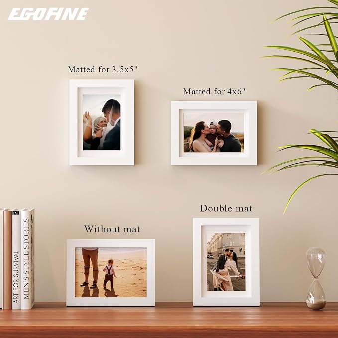 Egofine 5x7 Picture Frames Set of 4, Made of Solid Wood Covered by Plexiglass 3.5x5 and 4x6 with Mat or 5x7 without Mat, for Table Top Display and Wall Mounting Photo Frame White