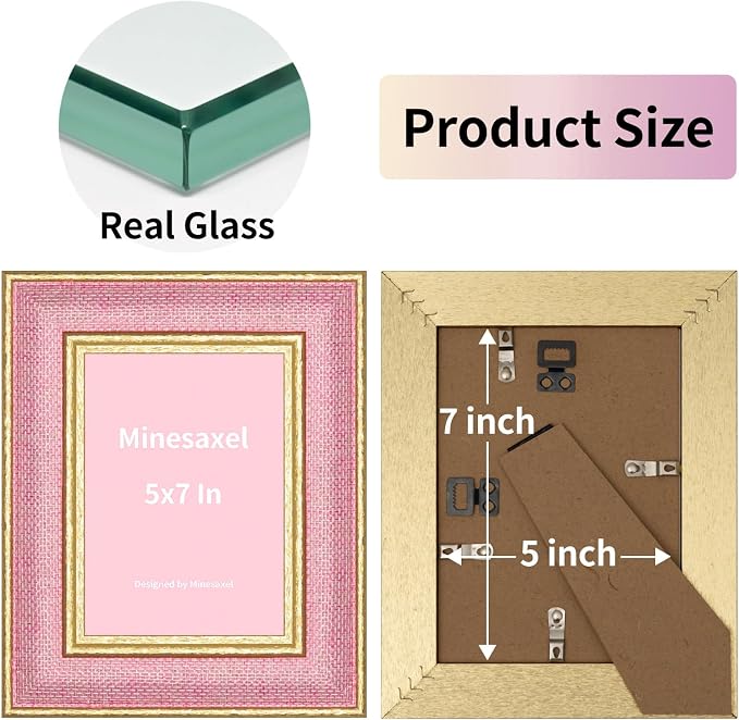 5x7 Picture Frame - Soft Pink Fabric & Vintage Gold Border HD Real Glass with Easel for Tabletop/Wall (Family Photos, Nursery Decor 1 Pack)