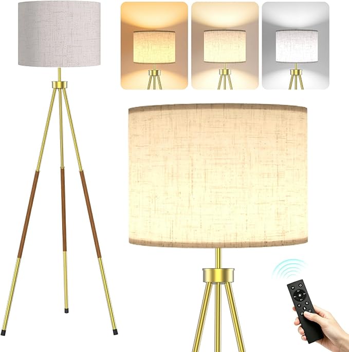 SIBRILLE Mid Century Wood Tripod Floor Lamp with Remote & Foot Switch