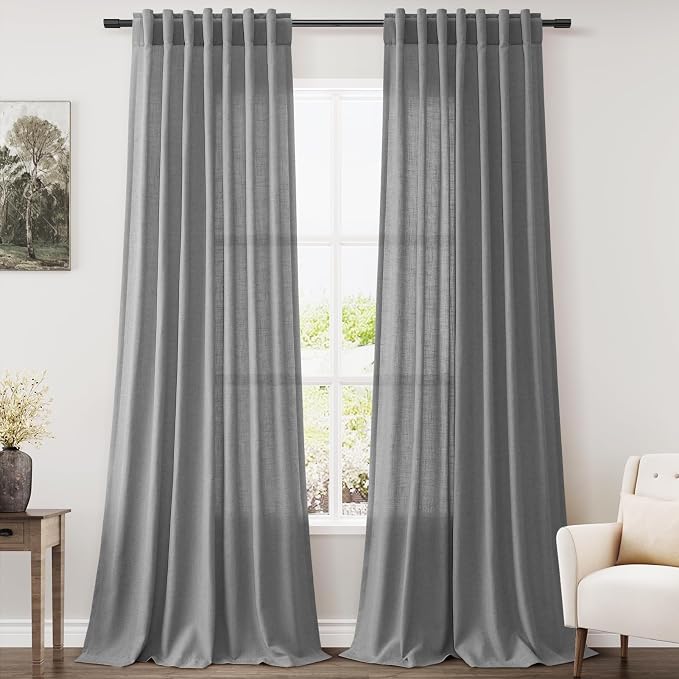 Extra Long Dark Grey Linen Curtains 120 Inches for Living Room Back Tab Light Filtering Semi Sheer Drapes Modern Farmhouse Elegant Textured Curtain for Floor to Ceiling High Window 52x120 10 Ft.