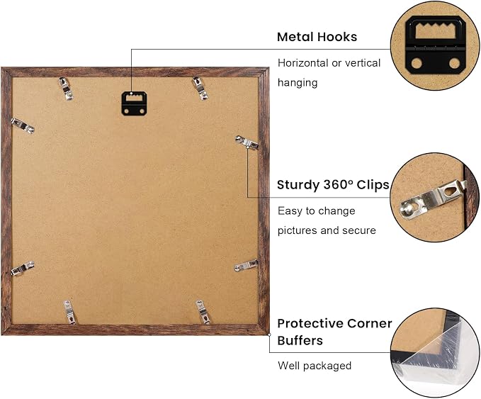 YESKAY 12x12 Picture Frame Set of 9, Photo Gallery Wall Frame Set, Display Pictures 8x8 with Mat or 12 x 12 Without Mat, Square Frame Picture Frames Collage Wall Decor, Rustic Brown