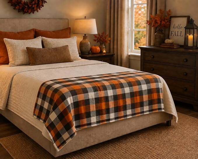 Serafina Home Fall Plaid Blanket Throw: Orange Black White Farmhouse Tartan Print on Velvet Fleece, 50" x 70" for Sofa Couch Bed Outdoor Events