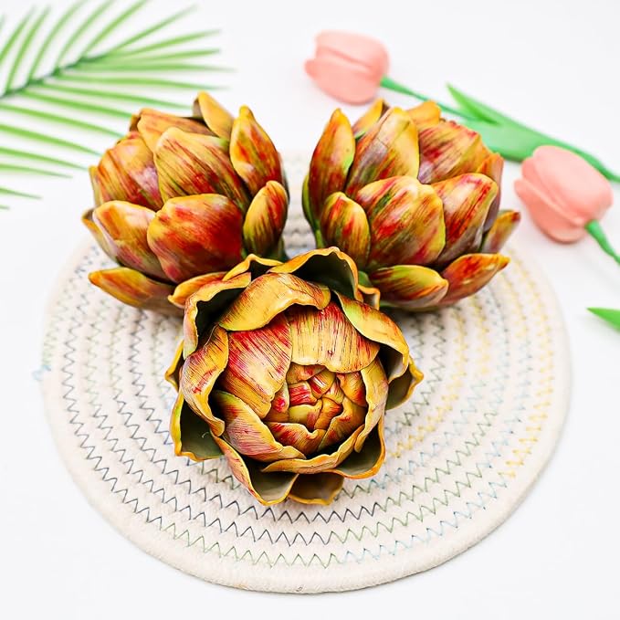 3pcs Large Faux Artichokes Decoration, Yellow Artificial Artichoke