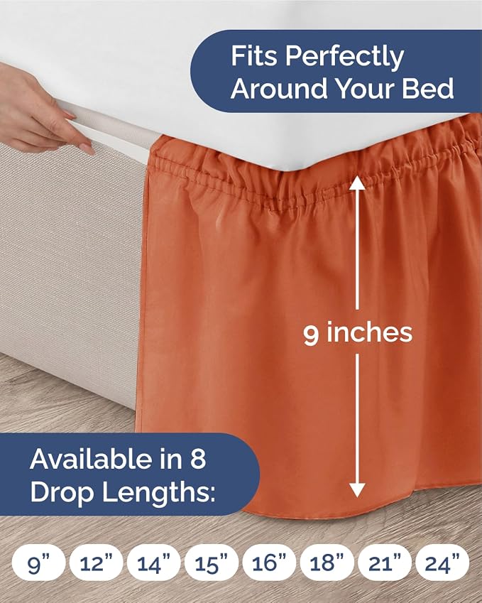 Wrap Around Dust Ruffle Bed Skirt - Terracotta - for Queen Size Beds w/ 9 Inch Drop - Easy Fit Elastic Strap - Adjustable Pleated Bedskirt w/Brushed Fabric - Wrinkle-Free - Women, Men, Kids & Teens