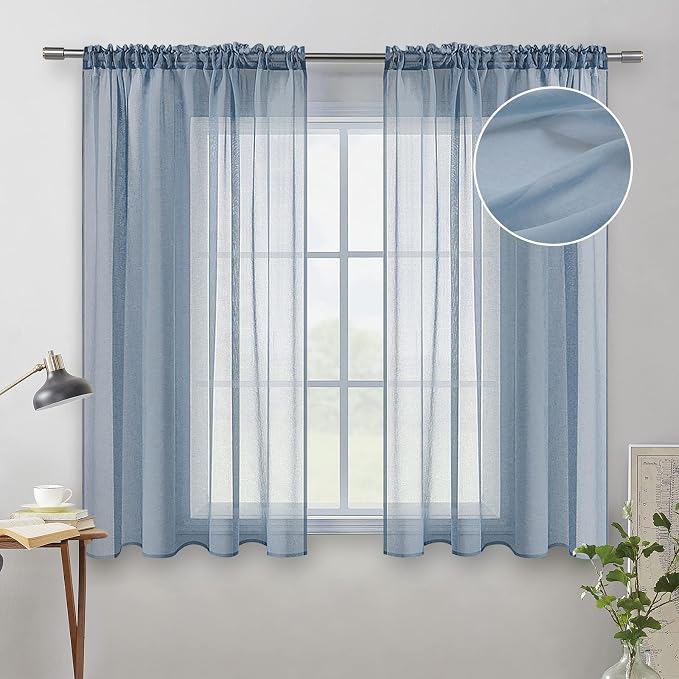 MIULEE Dusty Blue Linen Textured Semi-Sheer Curtains 54W×45L Kitchen | Semi Transparent, Farmhouse, Window Net Panels with Rod Pocket for Bedroom Living Room