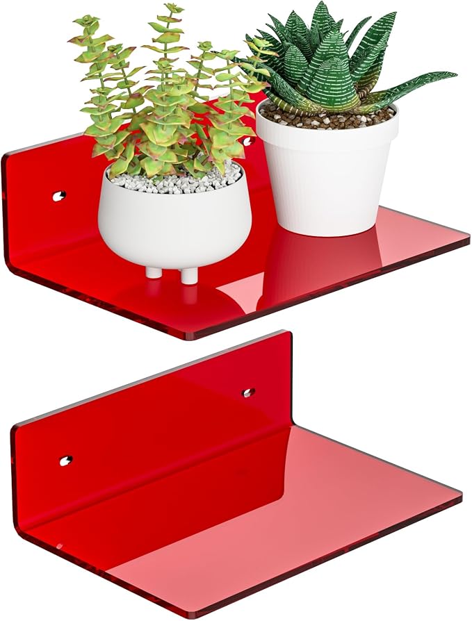 Sezanrpt 9 Inch Red Acrylic Small Wall Shelf, Home Wall Display Ledges for Storage, Room Décor, Space Saving, Items Organizer, 2 Pack