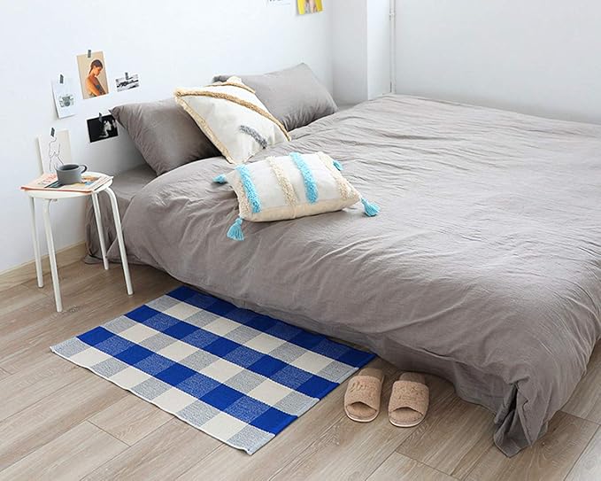 LEVINIS Farmhouse Doormats 51.2''x23.6''- Cotton Hand-Woven Blue Buffalo Plaid Outdoor Rug/Kitchen Rugs/Bathroom Rug/Laundry Room Rug, Front Porch Décor