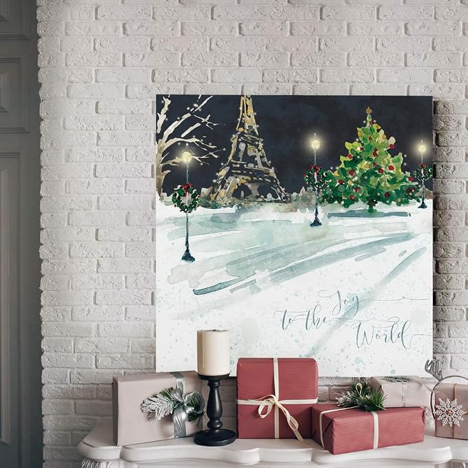 Renditions Gallery Canvas Wall Art Paintings for Home Decorations Snowy Paris Street in Christmas Night Abstract Artowrk for Living Room Home Kitchen Wall Decor - 32"X32" LT05
