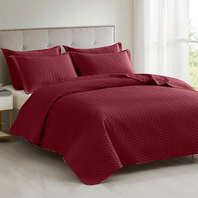 Maple&Stone Burgundy Quilt Set King Size, Lightweight Bedspread | Breathable Coverlet with Chevron Pattern, All-Season Dorm Bed Cover Set Bedding Decor 3 Piece
