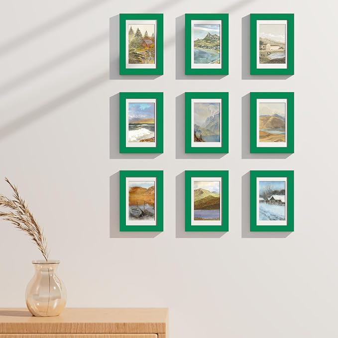 Vittanly 4x6 Picture Frames Set of 9 for Wall or Tabletop Display, Green | Display Pictures 3.5x5 with Mat or 4x6 without Mat, Small Photo Frames, Engineered Wood with Shatter Resistant Plexiglass