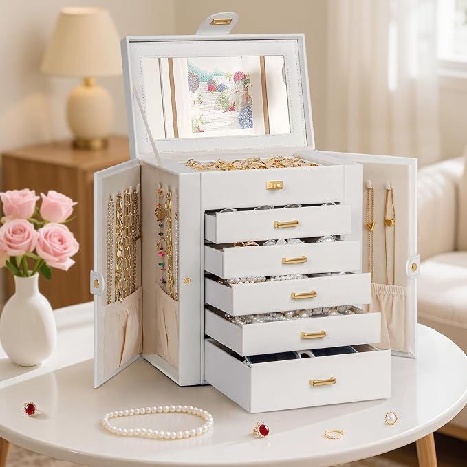 AKOZLIN 6-Tier Jewelry Box Organizer Functional 5 Drawers Leather Jewelry Storage Case for Women Girls Ring Necklace Earring Bracelet Holder Organizer with Mirror Medium White
