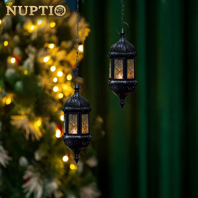 2 Pcs Hanging Candle Lantern Moroccan Chandelier Retro Candle Holder Moroccan Vintage Metal Hollow Wedding Hanging Candle Holders Lantern Contain 35cm Chain, Black