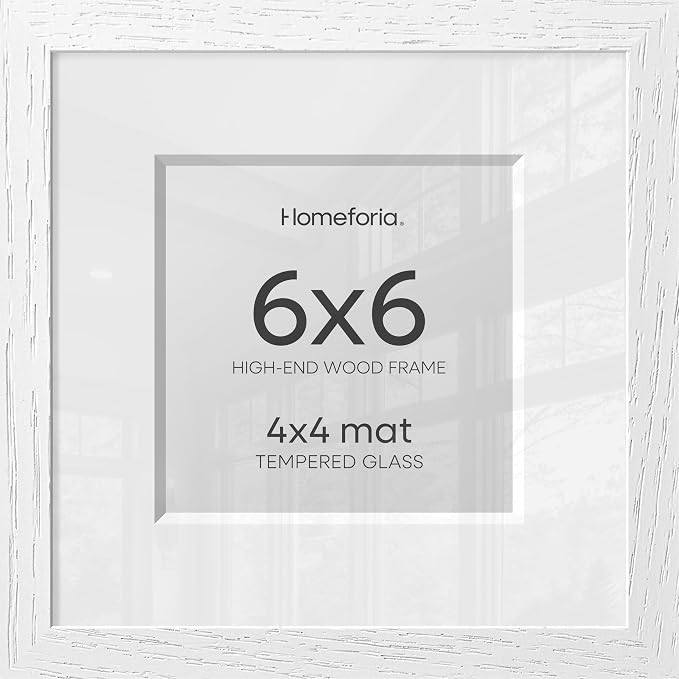Homeforia 6x6 White Oak Picture Frame, High-End Wood, 4x4 Mat, Glass