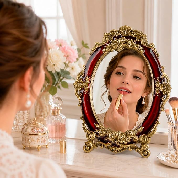 Vintage Vanity Makeup Mirror for Desk - Antique Small Table Decor, Red | Art Nouveau Decorative with Stand, Frame for Tabletop Office Bedroom Furniture Room Bathroom Home Wall Dresser Accessories