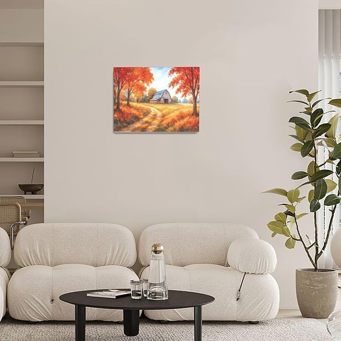 Fall Barn Decor Wall Art Autumn Harvest Pictures Fall Farmhouse Canvas Prints Painting Country Artwork Decoration for Bathroom Bedroom Living Room Framed Gifts 12"x16"