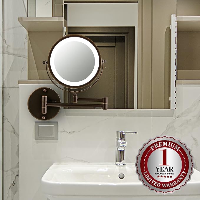 OVENTE 7" Wall Mounted Lighted Makeup Mirror, Antique Bronze MFW70ABZ1X7X | Cordless Double Sided 1X/7X Magnifying Mirror for Bathroom with LED Lights, 360° Rotation, Extendable Arm, Battery Operated
