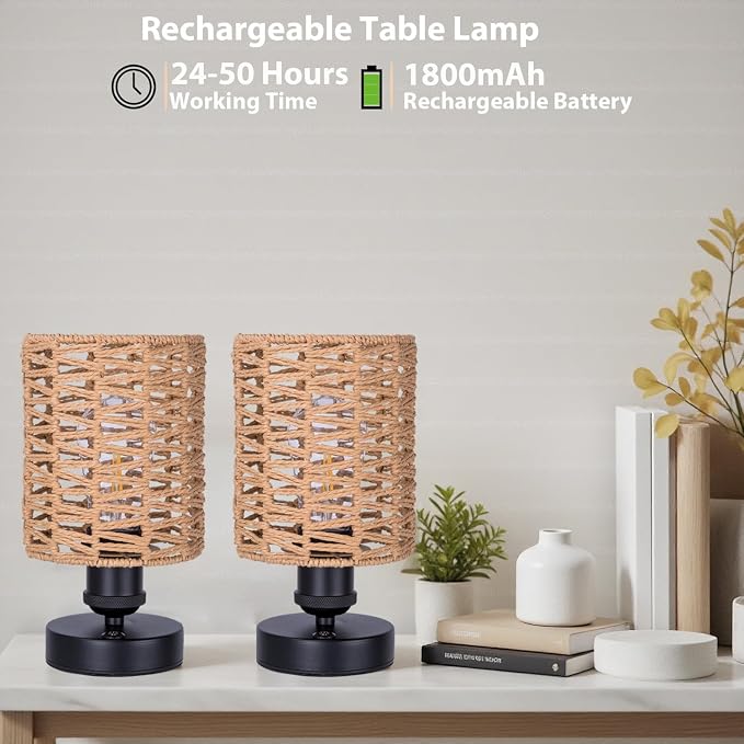 Cordless Outdoor Table Lamps, Small Rattan Boho, Rechargeable Battery Operated for Outdoor Patio, Home, Living Room, Bedroom, Bedside - Set of 2 (Beige-B)