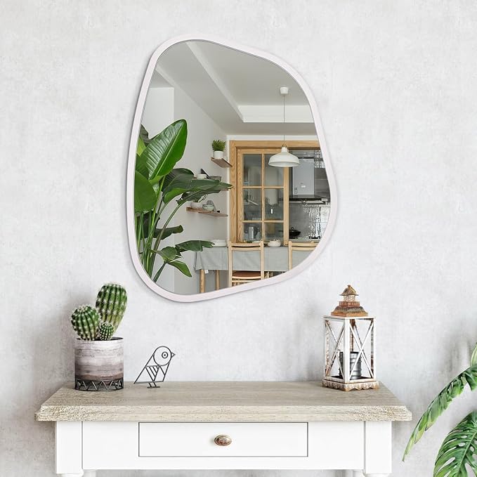 Irregular Oval Wall Mirror Large White 20"x16" Inches Asymmetrical Mirror Modern Wood Frame Unique Shape Wall Mounted Vanity Artistic Mirror Decor for Living Room Bedroom Bathroom Entryway
