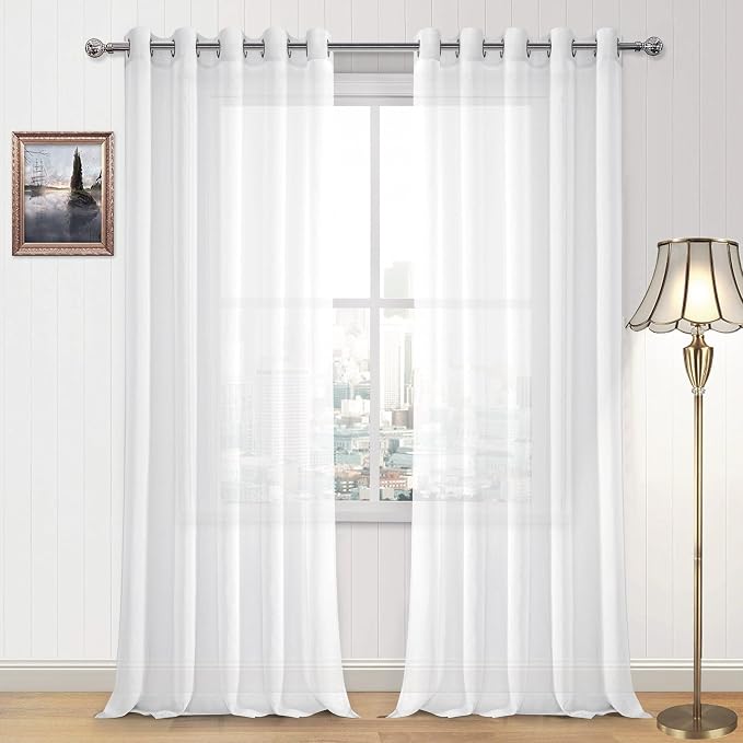 DWCN White Sheer Curtains, Grommet Top Faux Linen Look Voile Semi Transparent Solid Window Sheer Curtains Drapes for Bedroom Living Room, Set of 2 Panels 60 x 120 Inch Long, White