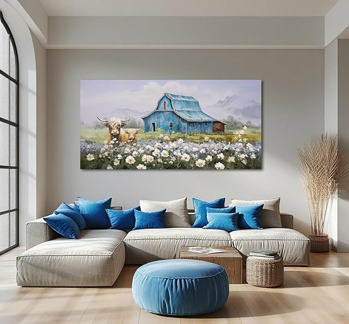 Anolyfi Farmhouse Highland Cow Canvas Wall Art for Living Room 58"x29" | HD Print, Waterproof Canvas, Easy to Hang, Durable and Colorfast, Country Barn Wall Decor for Bedroom Office Hallway Home