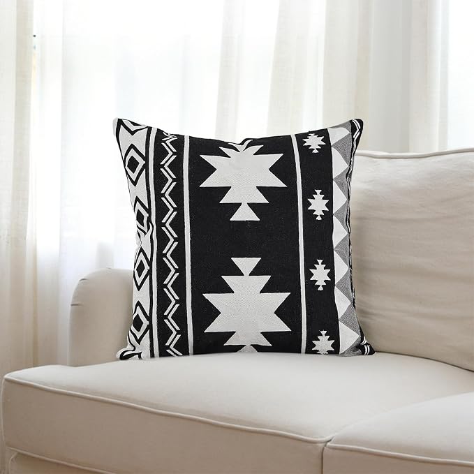 IKATYARN Black White Aztec Southwestern Throw Pillow Cover, Boho Tribal Geometric Pillowcase, Modern Farmhouse Cushion Case for Couch Sofa Bed, 18"x18"