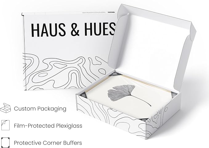 HAUS AND HUES Ginkgo Leaf Decor - Modern Japanese Botanical Print, Black and White Art, Neutral Wall Decor for Office or Bedroom, Minimalist Art (12x16 Beige Frame)