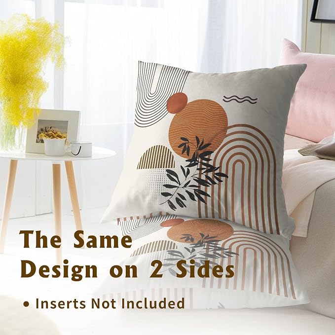 Boho Throw Pillow Covers 20x20 Inch Set of 2 Mid-Century Modern Cushion Case Geometric Tropical Leaf Sun Decorative Bohemian Pillowcase for Home Sofa Couch Patio