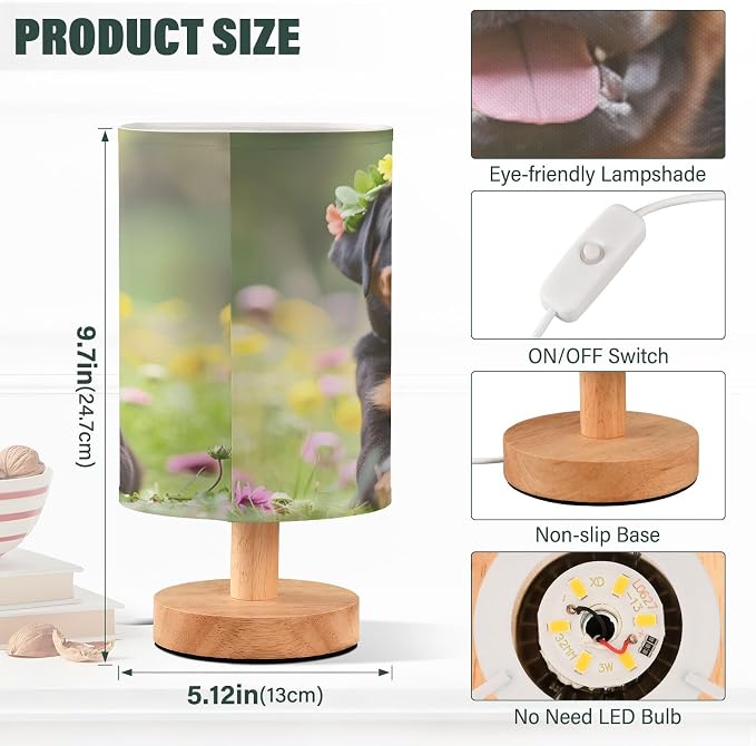 Bedside Lamp Rottweiler Dog Puppy Table Lamp for Bedroom LED Nightstand Lamp Shade USB Ports Wood Base for Living Room Dorm Office