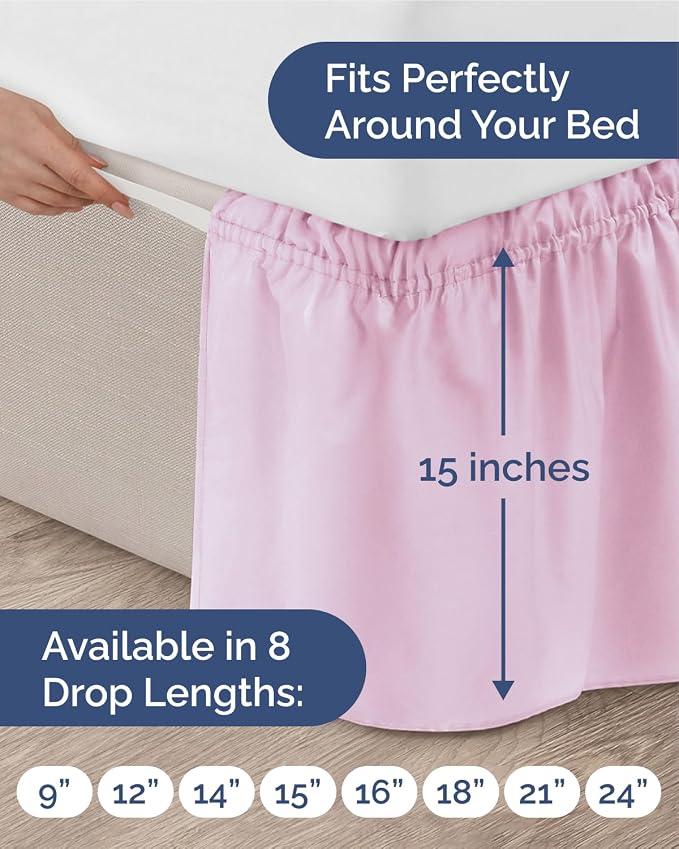 Wrap Around Dust Ruffle Bed Skirt, King Size - 15 Inch Drop, Light Pink | Easy Fit Elastic Strap, Adjustable Pleated Bedskirt w/Brushed Fabric, Wrinkle & Fade Free, for Women, Men, Kids & Teens