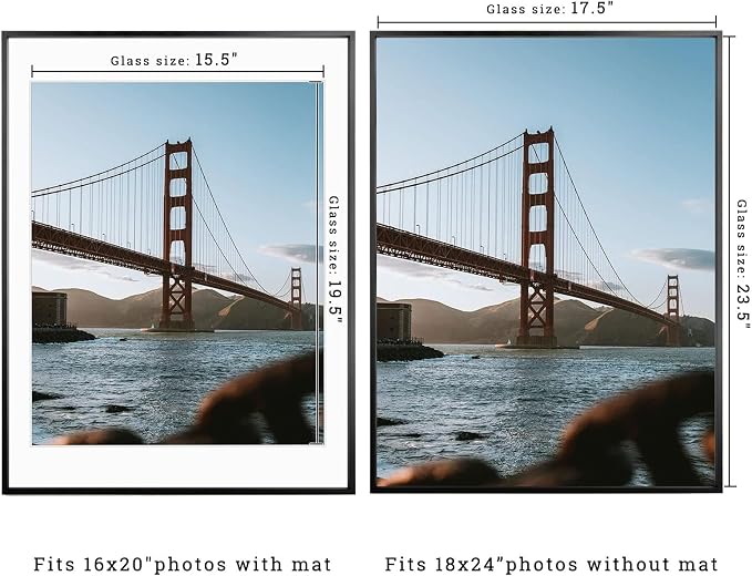 Frametory 18x24 Black Aluminum Metal Picture Frame Mat for 16x20 Glass