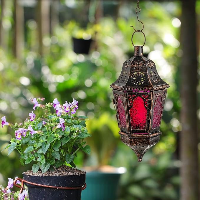 Moroccan Decorations, Lantern Decorative Indoor & Outdoor, 13.6’’ Vintage Decorative Hanging Lantern with Chain for Home Porch Patio Decor, Metal Ramadan Christmas Candle Holders(Plum Red)