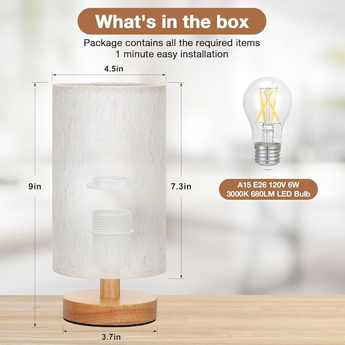 Fenmzee 9" Small Table Lamp for Bedroom - Inline Control with 3000K Blub
