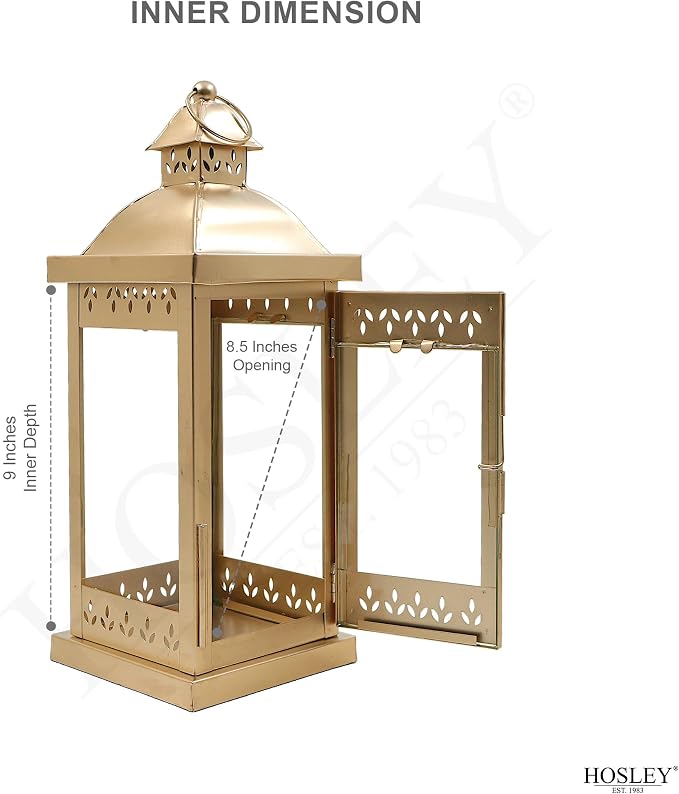 Hosley 15 Inch High Large Clear Glass Iron Classic Style Lantern Gold. Ideal Gift for Parties Weddings Aromatherapy and LED Spa Settings 05