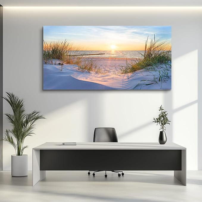 Wall Art For Living Room Large Size Wall Decorations Pictures Blue Sun Beach Grass Ocean Landscape Painting Office Wall Decor Canvas Prints Ready To Hang For Home Decoration Works Of Art 24" X 48"