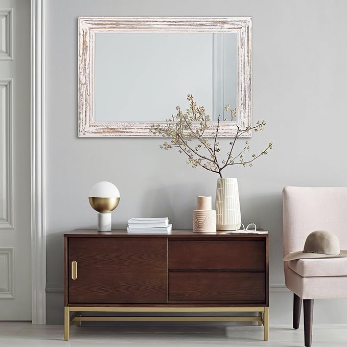 Wall Mirror with Rustic Wood Frame Rectangle Hanging Mirrors for Wall Large Decorative for Bathroom Bedroom Farmhouse Living Room Entryway 26"x18"