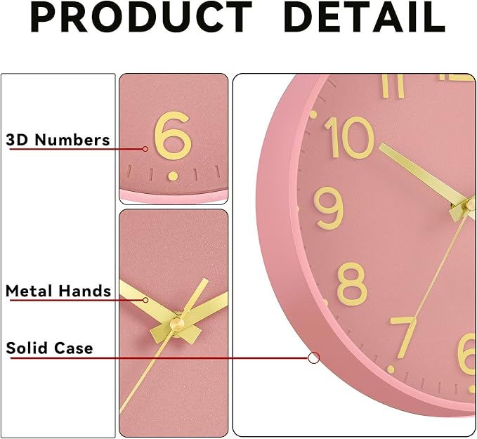 Roymnie 10 Inch Wall Clock Battery Operated Silent Non Ticking Analog | Pink Gold modern analog; large 3D easy-read dial for kitchen, office, bathroom & bedroom; 1 AA battery (not included)