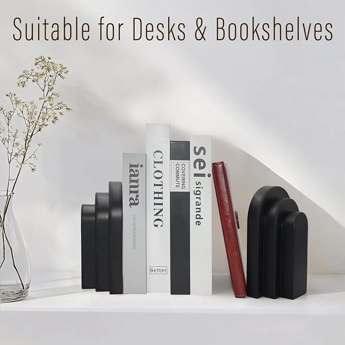 LIN CHUAN Heavy Duty Bookends for Shelves, Set of 2, Matte Black | Book Ends for Heavy Books, Decorative Book Stopper with Faux Sandstone Finish, Layered Arch Design Bookshelf holder, 6.6 lbs